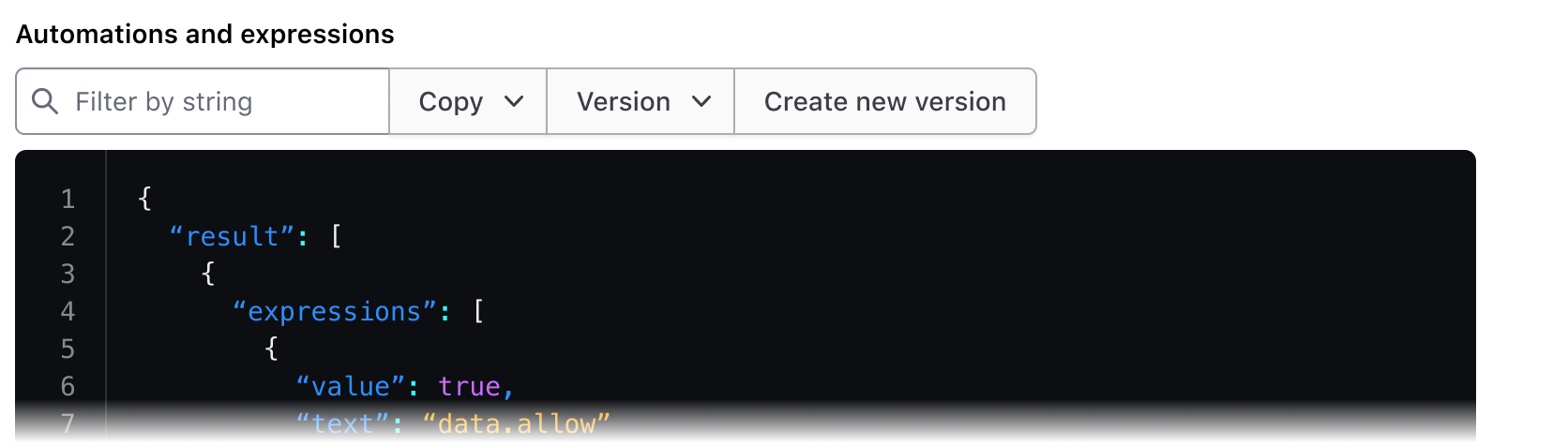 A Code Editor with the external title “Automations and expressions” coupled with a filter input, “Copy” dropdown, “Version” dropdown, and a “Create new version” button.